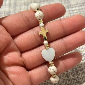 Gold Cross and White Heart Beaded Bracelet - Women